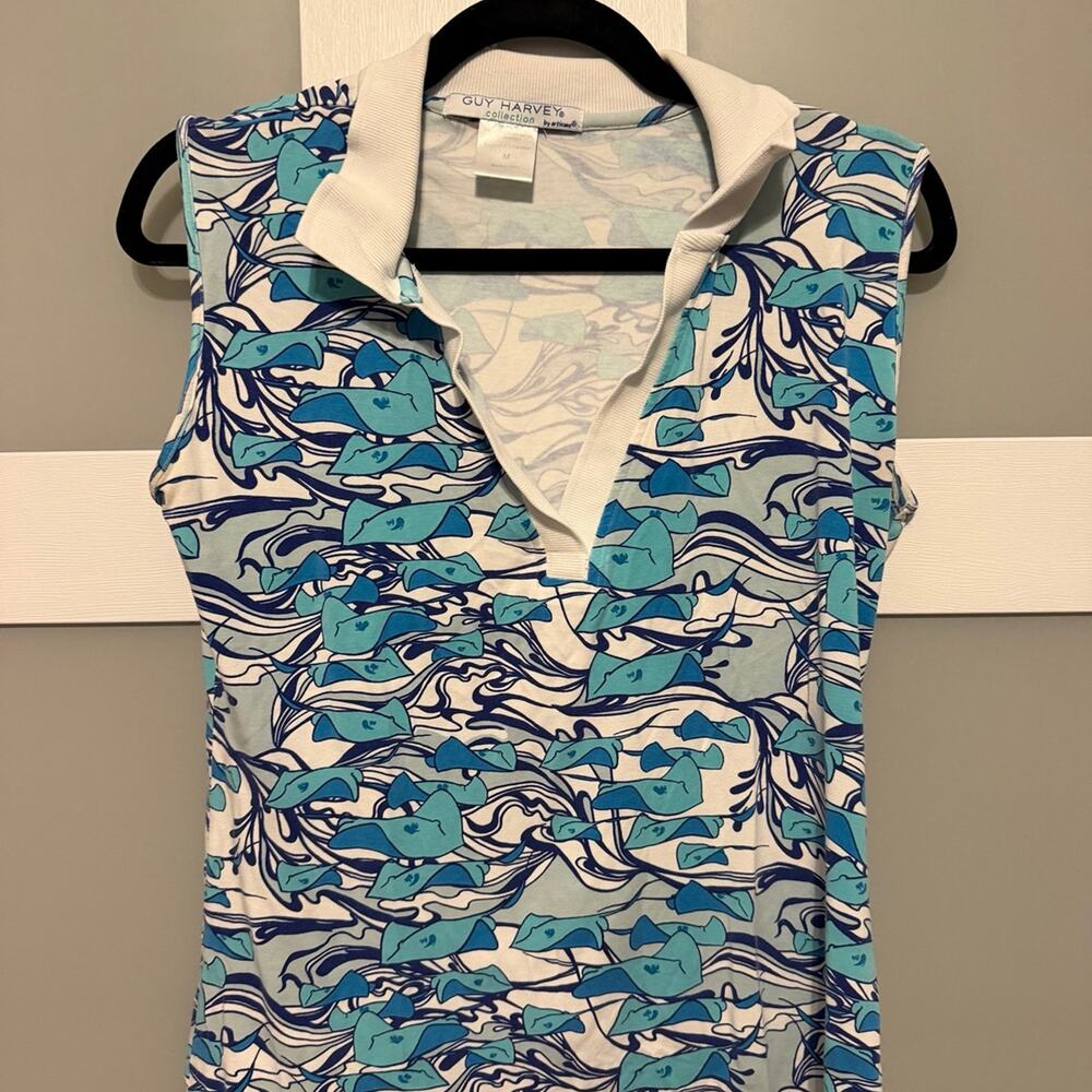 Guy Harvey Women’s M Sleeveless Polo Shirt Stingray Print Blue Coastal Golf